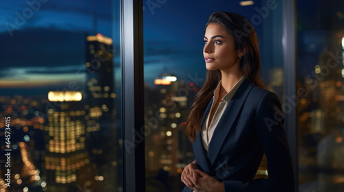 Business woman standing in the office watching the modern city night view