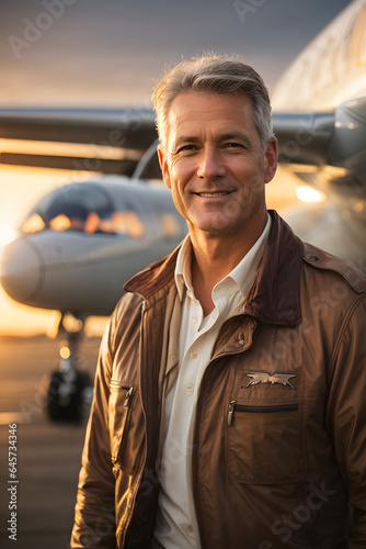 Portrait of an experienced middle aged boeing pilot posing on the runway next to plane during sunset, happy middle-aged pilot with warm sunlight flare. Image created using artificial intelligence. © kapros76