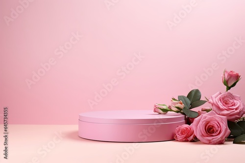 3d render of pink background with podium and roses for product display. Generative AI © Songpol