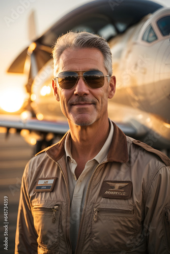 Portrait of an experienced middle aged boeing pilot posing on the runway next to plane during sunset, happy middle-aged pilot with warm sunlight flare. Image created using artificial intelligence.