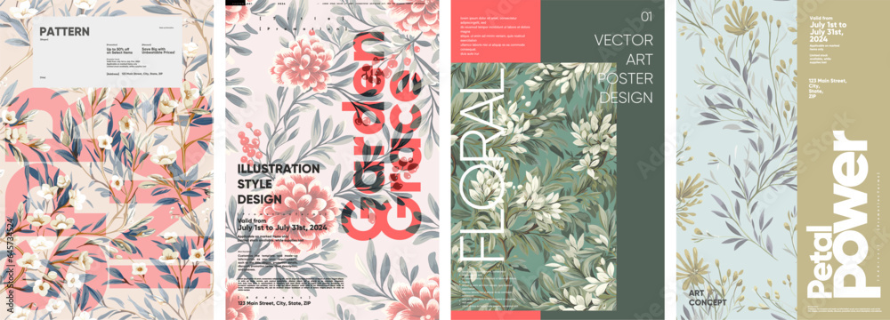 Flowers. Set of vector posters. Vectorized watercolor flowers and typographic design. Seamless floral patterns.  