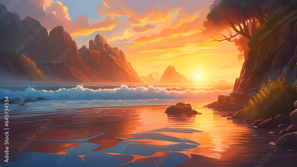 Illustration of sunset on the sea.