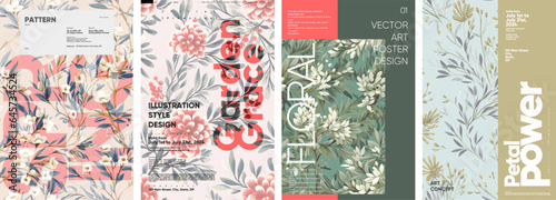 Flowers. Set of vector posters. Vectorized watercolor flowers and typographic design. Seamless floral patterns.   © Molibdenis-Studio