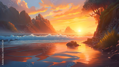 Illustration of sunset on the sea.