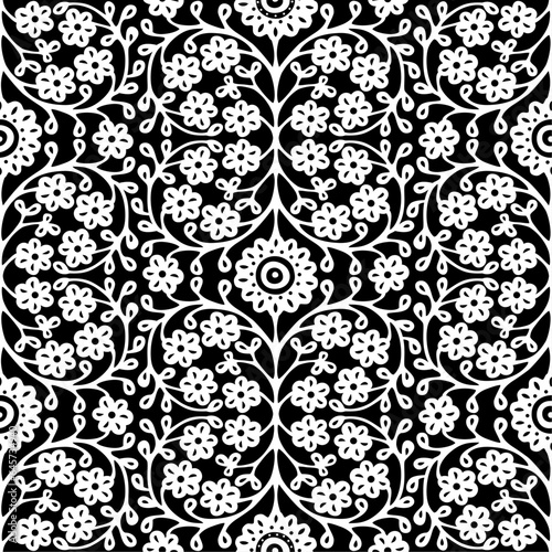 Seamless pattern with Indian ethnic flowers in black and white. Vector illustration.