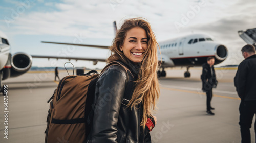 Young, successful woman stands outside waiting to board a flight on a private airplane.