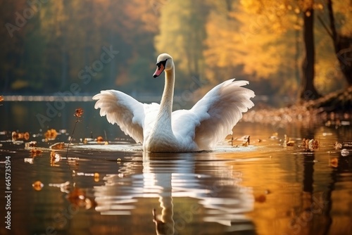 Foto Beautiful white swan flaps its wings, splashing water drops on river or lake