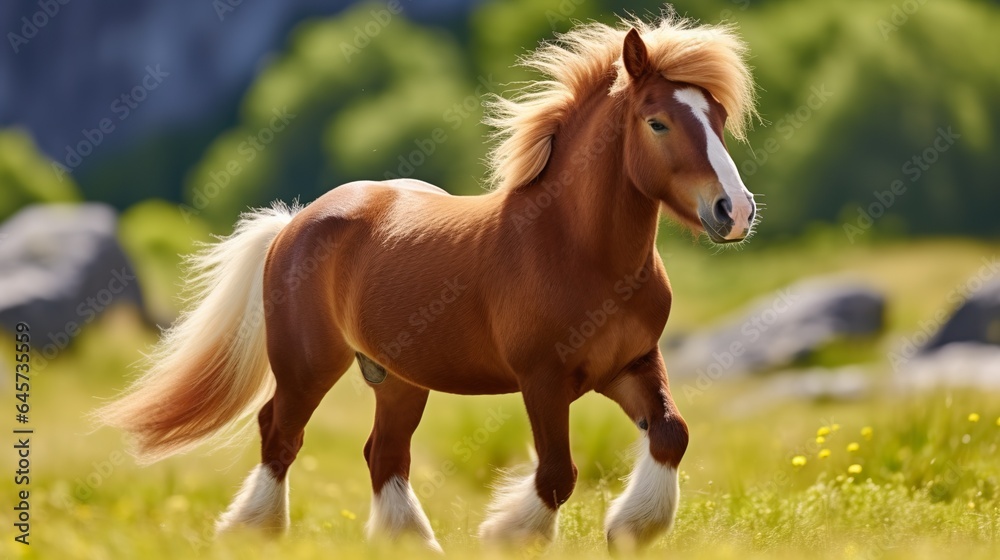 photo of a shetland pony walking on a Scandinavian summer meadow photo of a shetland pony walking on a Scandinavian summer meadow