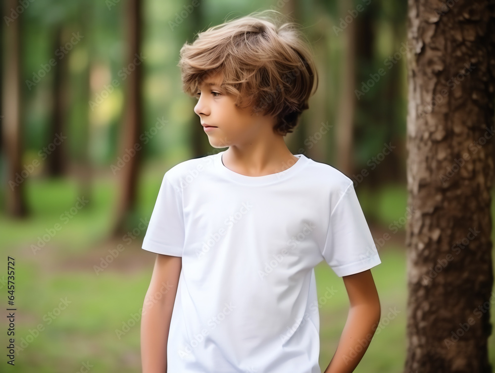 Cute boy wearing blank empty white t-shirt mockup for design template Cute boy wearing blank empty white t-shirt mockup for design template