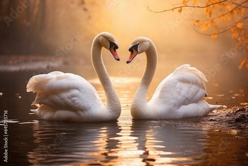 Two swans in love swimming in autumn lake. Pair white swans in heart shape floating in pond