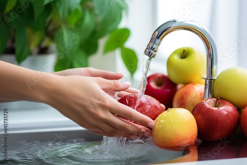 Hand washing fruits with tap water in bright kitchen