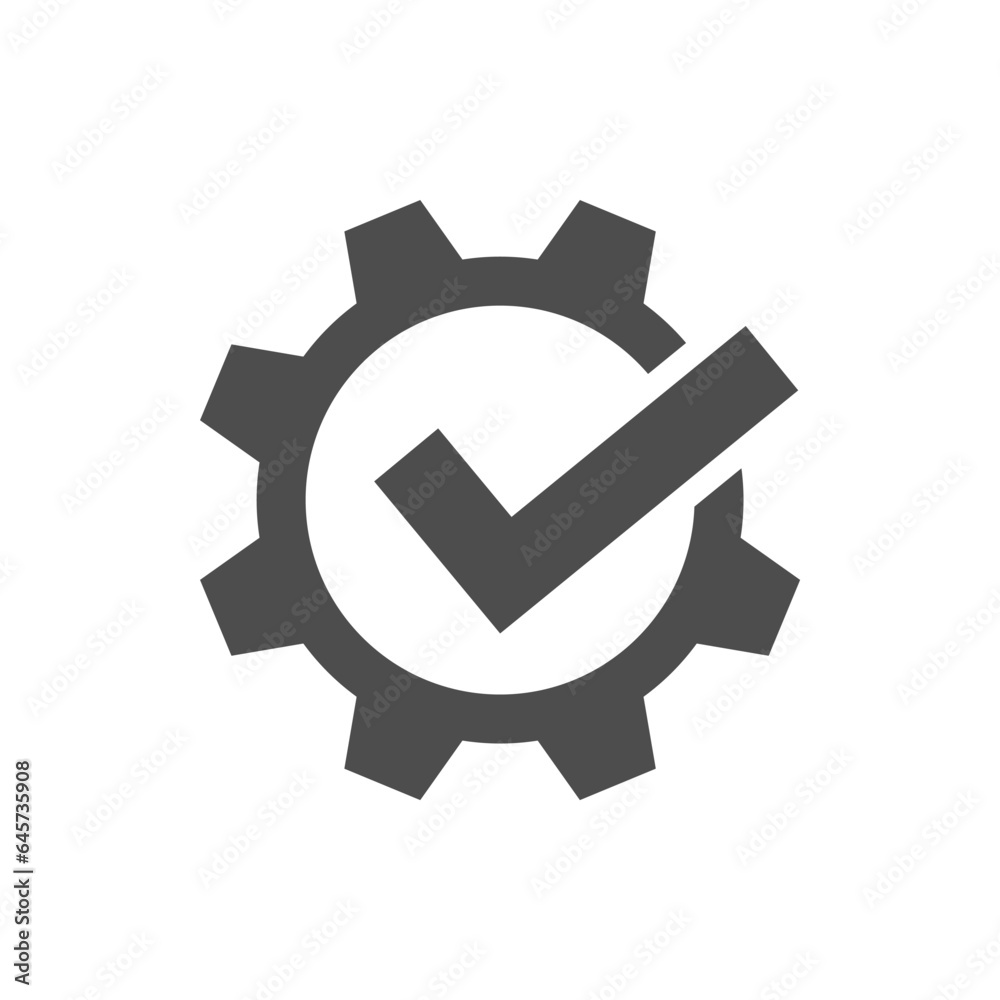 Technical specifications conformity graphic icon. Gear with check mark isolated sign on white background. Vector illustration Technical specifications conformity graphic icon. Gear with check mark isolated sign on white background. Vector illustration