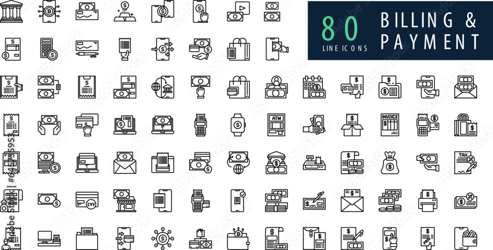 Billing and Payments line icons set. Money payments elements outline icons collection. Payments elements symbols. Money, Bank, Savings, Investment, Currency, Management, Wallet vector Billing and Payments line icons set. Money payments elements outline icons collection. Payments elements symbols. Money, Bank, Savings, Investment, Currency, Management, Wallet vector