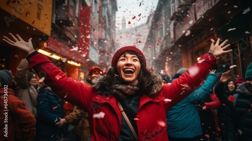 Happy Chinese hipsters celebrate new year on traditional street in china. Chinese New Year concept