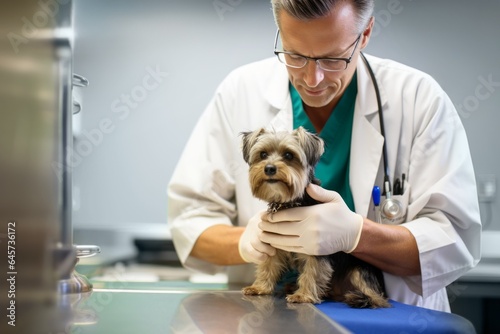 veterinarian examines dog in a veterinary clinic office