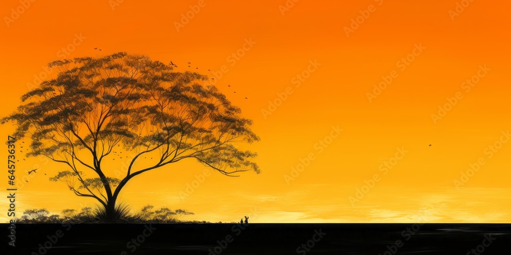 African Sundown: Minimalist Tree Silhouette Against an Orange Sky, Perfect for a Relaxing Holiday Atmosphere