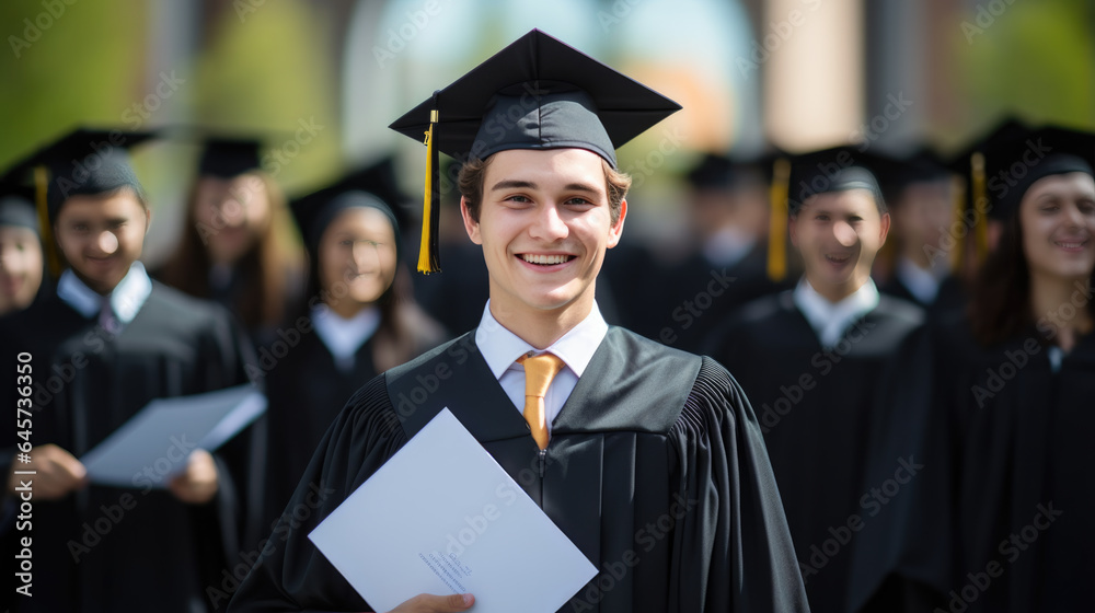 Happy smiling graduating student guy in an academic gown standing in front of other alumni Happy smiling graduating student guy in an academic gown standing in front of other alumni