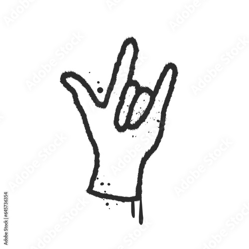 Spray painted graffiti hand gesture symbol. Grunge spray textured vector illustration for t-shirts; banners; cover, social media. Heavy metal, rock