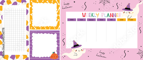 set of weekly planners with cute  ghost. Happy Halloween.  Kids schedule of classes. Notes and to do list. Memo pages. Timetable design with Pumpkin. Organizer sheets