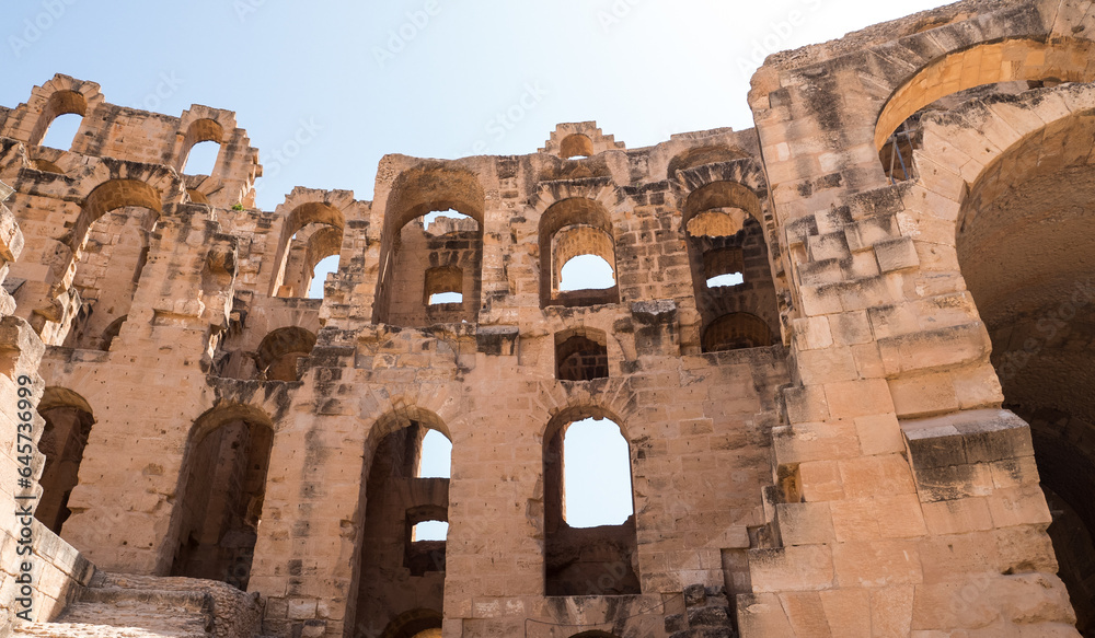 Ruins wall of the largest coliseum in North Africa. El Jem, Tunisia. UNESCO World Heritage.