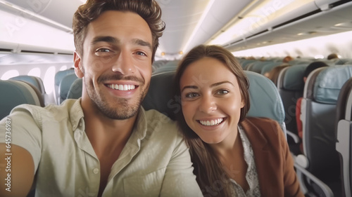Young handsome couple taking a selfie on the airplane during flight around the world.generative ai © JKLoma