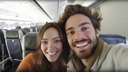 Young handsome couple taking a selfie on the airplane during flight around the world. Generative ai