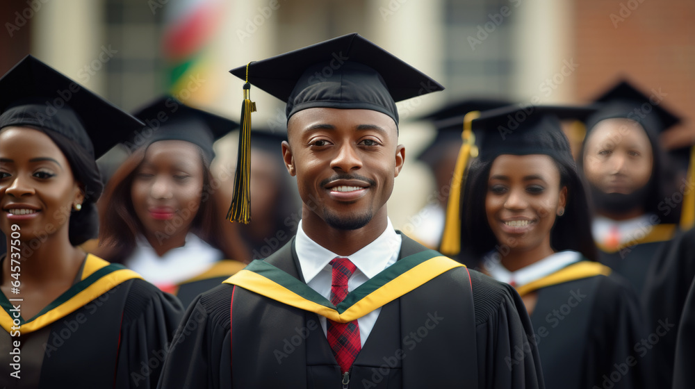 Happy smiling graduating student guy in an academic gown standing in front of other alumni