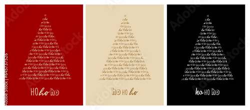 Christmas Vector Cards. White and Gold Christmas Tree Isolated on a Red, Beige and Black Background. Cute Christmas Illustration in 3 Different Colors. Tree Made of "Ho Ho Ho" text. RGB Colors.