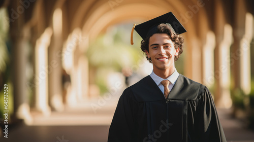 Happy smiling graduating student guy in an academic gown standing in front of college