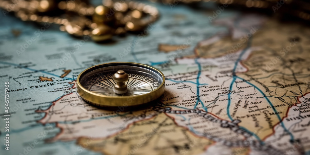 Magnetic compass and location marking with a pin on routes on world map.generative ai Magnetic compass and location marking with a pin on routes on world map.generative ai