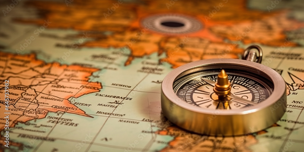 Magnetic compass and location marking with a pin on routes on world map.generative ai Magnetic compass and location marking with a pin on routes on world map.generative ai