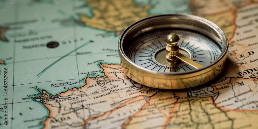 Magnetic compass and location marking with a pin on routes on world map.generative ai Magnetic compass and location marking with a pin on routes on world map.generative ai