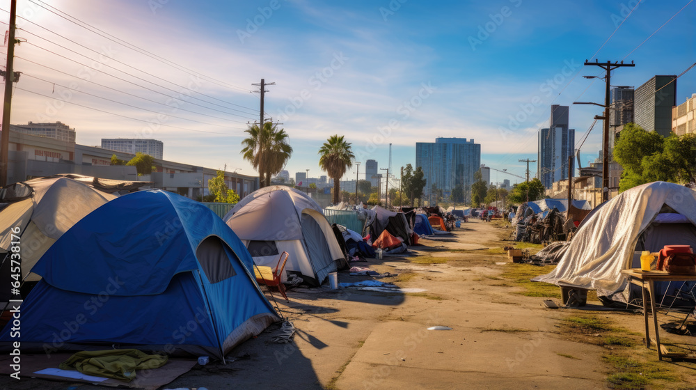 Homeless tent camp on a city street - obrazy, fototapety, plakaty 