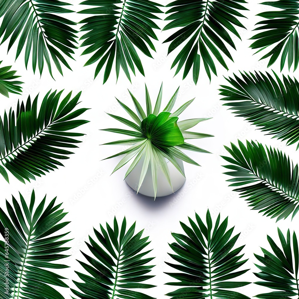 green palm leaves pattern with vase for nature concept ,tropical leaf isolated on white background,top view