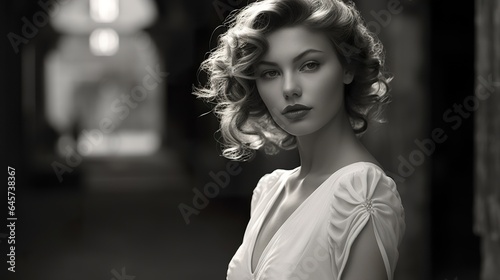 stylish beautiful female portrait, lady model posing, in style of vintage and retro, black and white shot, generative AI
