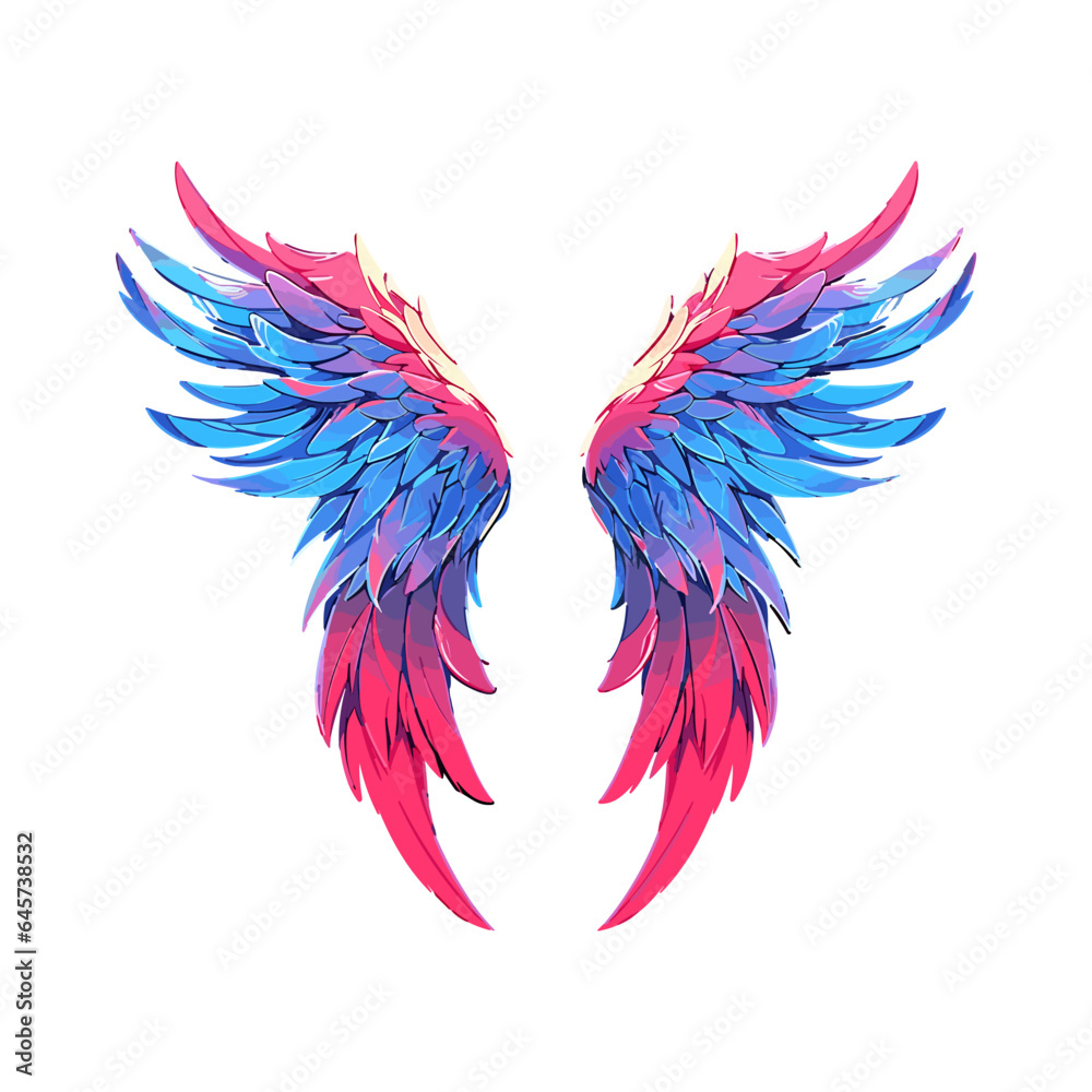 Fototapeta premium Cartoon color angel wings isolated on dark background. 3D bird wings design template. Vector illustration EPS10
