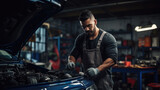 Portrait of a Mechanic Working on a Vehicle in a Car Service.