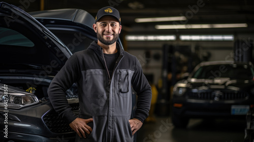 Portrait of a mechanic in a car service against the backdrop of cars. © MP Studio