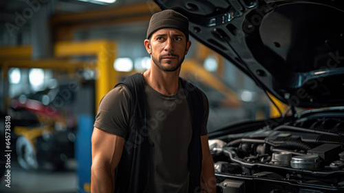 Portrait of a mechanic in a car service against the backdrop of cars.