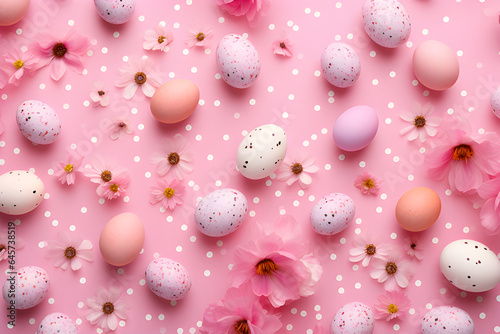 Brightly colored, beautiful eggs and flowers lay flat on a pink background.