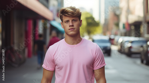 young stylish hipster man in pink t-shirt on city street, trendy gay walking, generative AI