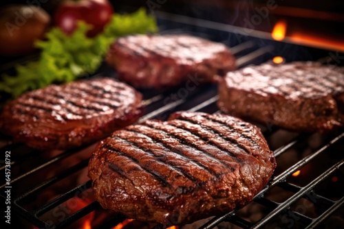 Cooking meat for burgers on grill with flames, close-up