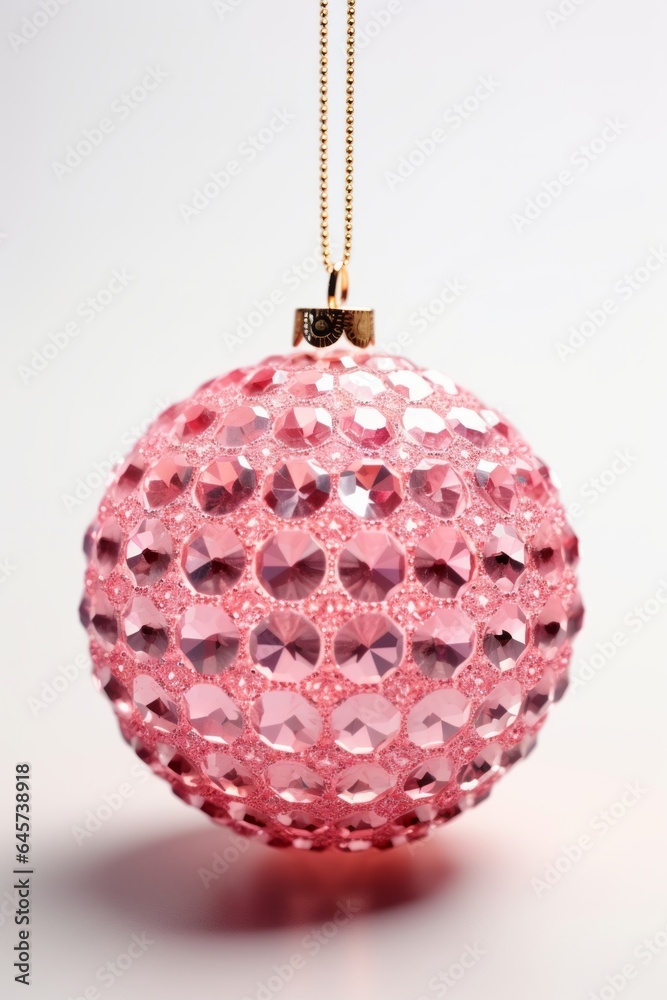 Photo of a pink Christmas Bauble hanging from a gold string against a white background created with Generative AI technology