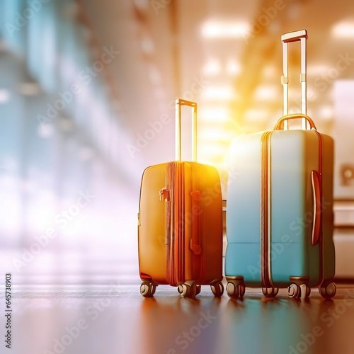 Suitcases in airport. Travel concept. 3d rendering