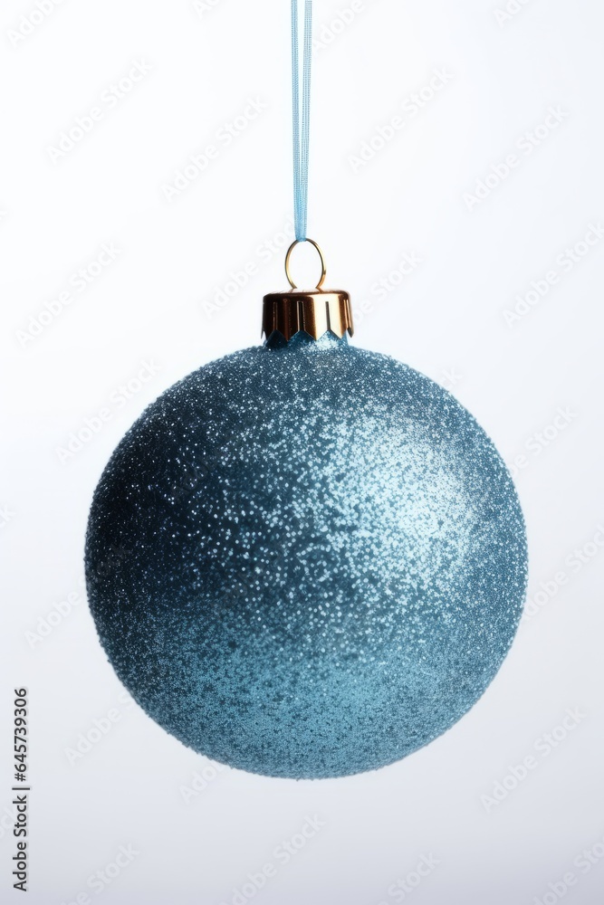 Photo of a sparkling blue Christmas bauble with glitter on a white background created with Generative AI technology