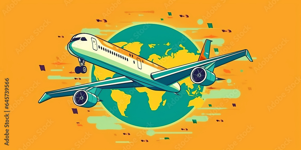 Travel the world. Travelling by plane. Airplane on a world map.