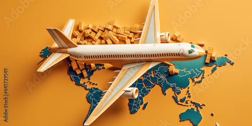 Travel the world. Travelling by plane. Airplane on a world map. photo