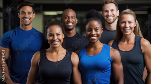 Group of athletic men and women stand together in the background of a gym © MP Studio