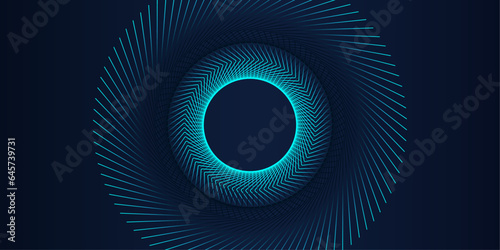 Abstract dark blue background with glowing circle geometric lines in blue green light rounded lines pattern. Concept of music, technology, digital, poster, cover, banner, brochure, website, flyer