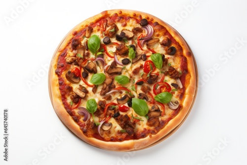 Delicious fresh pizza top view isolated on white background